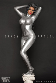 Sandy Raquel posing on a pedastal with silver body paint